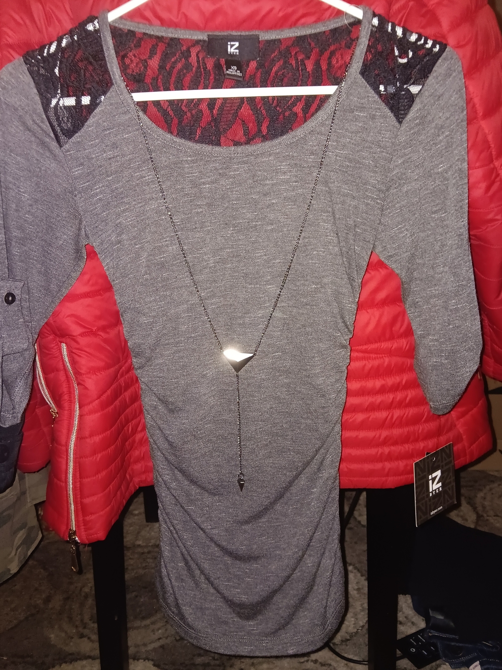 IZ Lace-Accent Gray Knit Tunic With Detachable Necklace